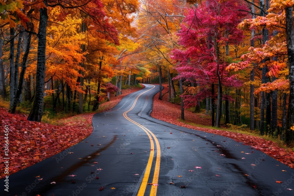 Obraz premium Curving Road Through Tranquil Autumn Landscape with Vibrant Colors