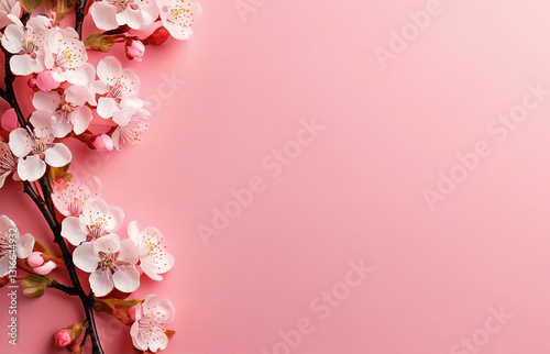 Cherry blossoms bloom against a soft pink background, reflecting the serene beauty of spring. With copy space, it’s perfect for cards, Mother’s Day, and weddings.