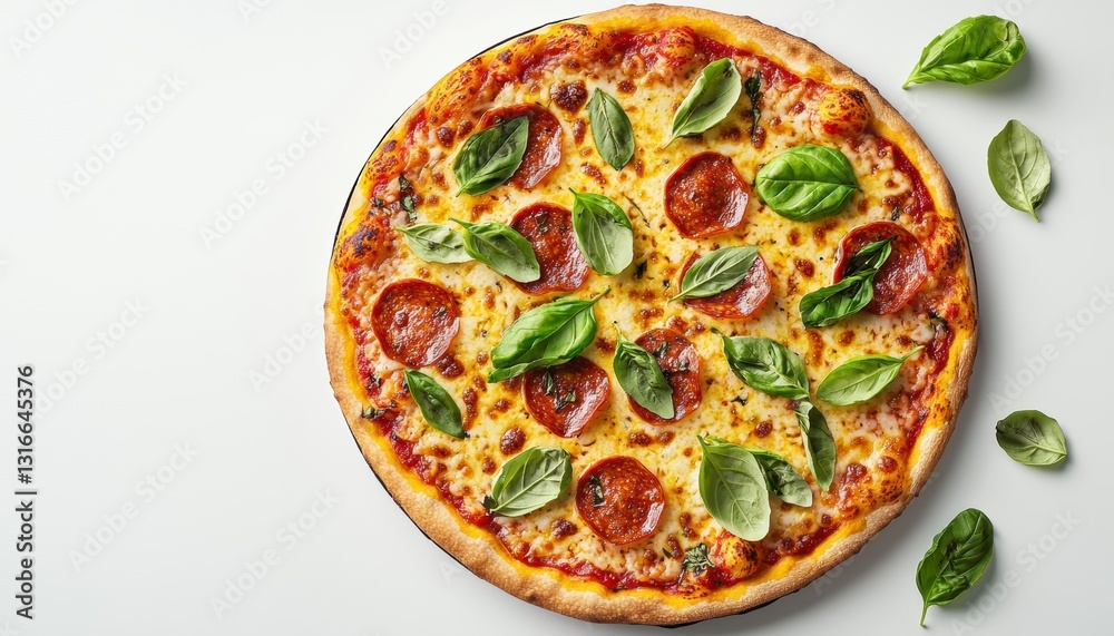 An inviting close-up reveals a delectable pepperoni pizza, adorned with fresh basil leaves and generously coated in melted cheese, showcasing culinary perfection The vibrant red pepperoni contrasts An inviting close-up reveals a delectable pepperoni pizza, adorned with fresh basil leaves and generously coated in melted cheese, showcasing culinary perfection The vibrant red pepperoni contrasts