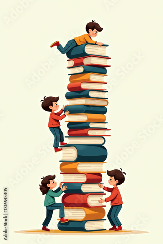 Curious Children Climbing a Tower of Books, Eager to Learn and Expand Their Knowledge