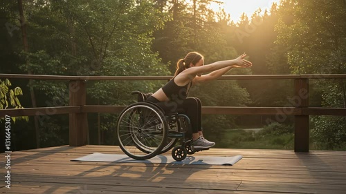 Disabled Woman in Wheelchair Practicing Yoga at Sunset in a Forest: A Story of Diversity, Resilience, and Healthy Living