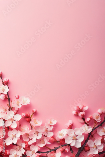 Cherry blossoms bloom against a soft pink background, reflecting the serene beauty of spring. With copy space, it’s perfect for cards, Mother’s Day, and weddings.