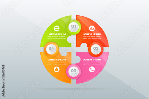 Colorful puzzle infographic steps; gray background; process guide