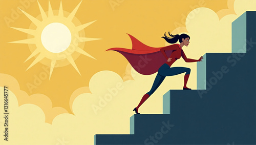 Determined Superheroine Climbing Success Staircase to Reach Her Ambitious Goals