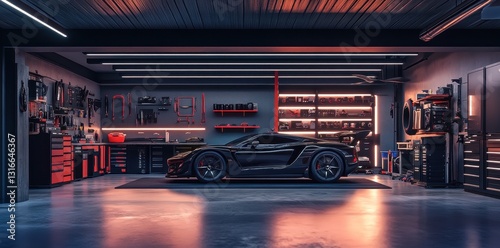 A sleek black sports car is in an illuminated garage setting