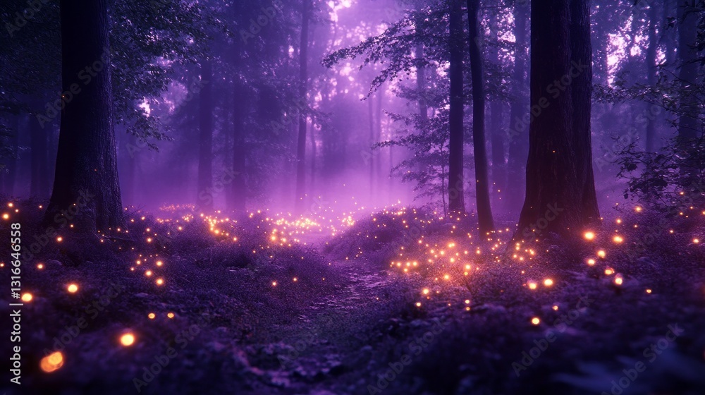 Fototapeta premium A magical forest comes alive as countless fireflies sparkle amid lush greenery, casting a soft, enchanting glow under a vivid violet twilight sky. The atmosphere is serene and mystical