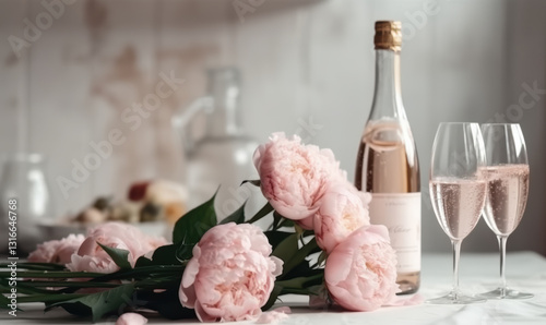 A bottle of champagne and a vase of pink flowers sit on a table