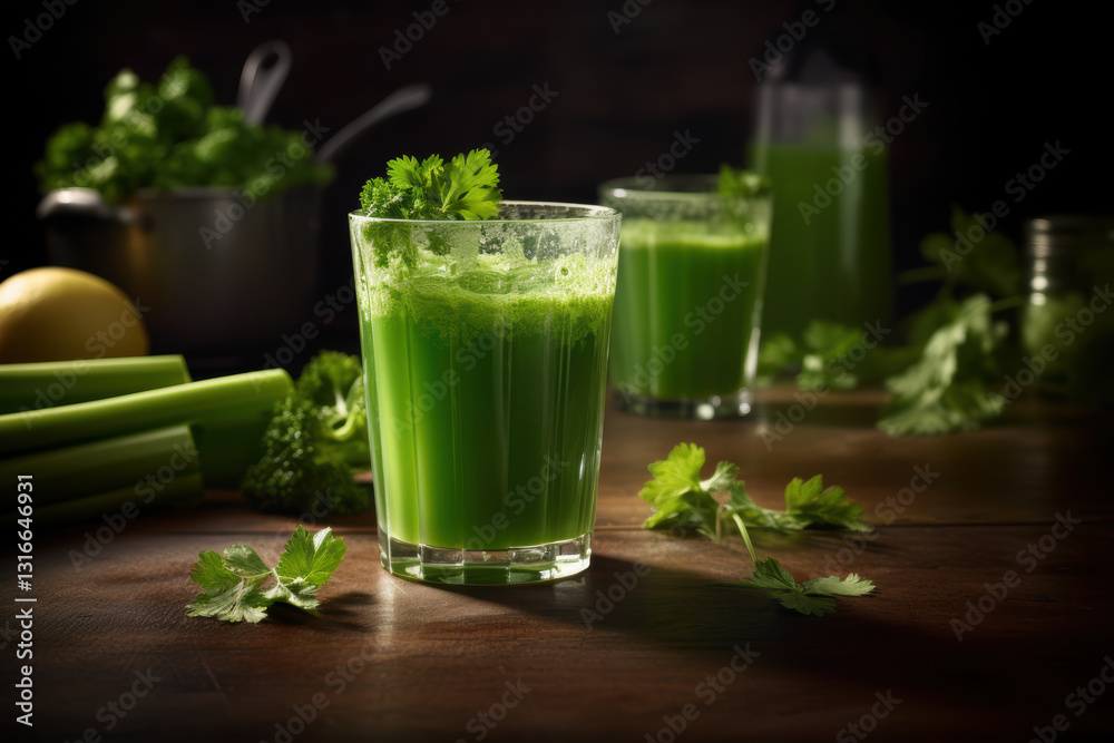 Fototapeta premium A glass of green juice with parsley on top sits on a table