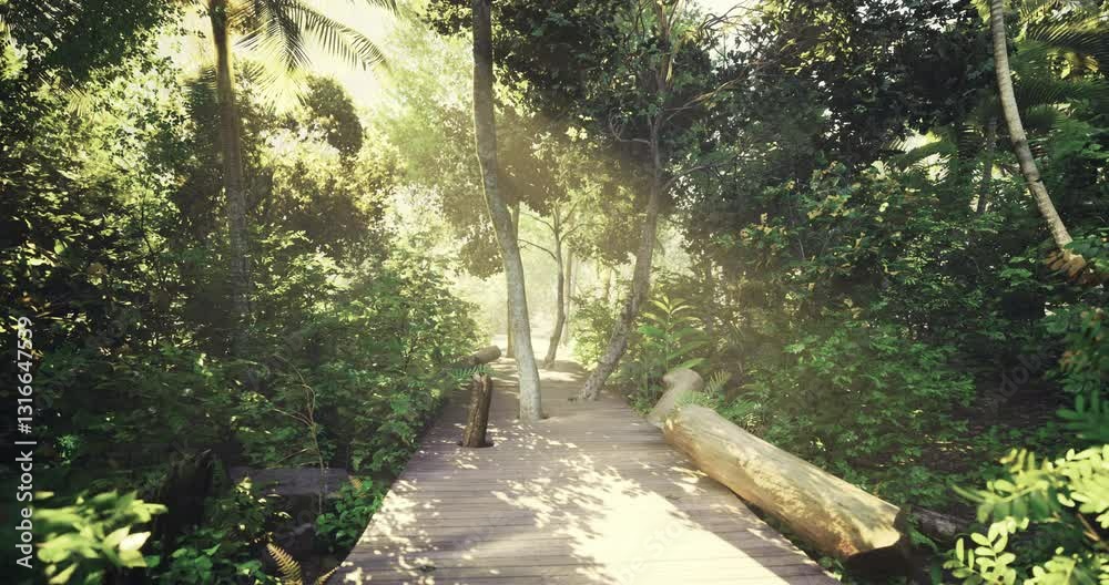 A wooden walkway leads through a dense forest filled with vibrant foliage, sunlight filters through the trees creating a serene atmosphere perfect for exploration and relaxation. A wooden walkway leads through a dense forest filled with vibrant foliage, sunlight filters through the trees creating a serene atmosphere perfect for exploration and relaxation.
