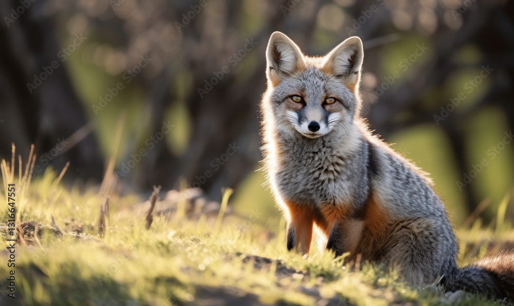 Naklejka premium A fox is sitting on the grass and looking at the camera