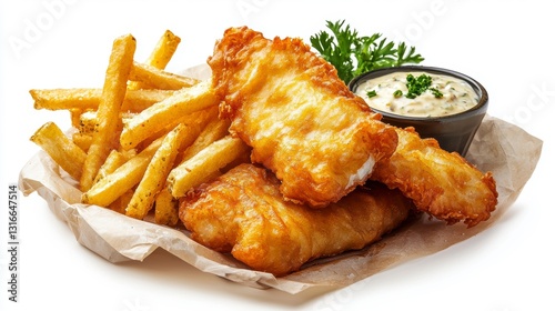 Dive into a classic culinary delight with this exquisite image of crispy fish and chips, perfectly complemented by a creamy tartar sauce The golden-brown, flaky fish tantalizes the taste buds
