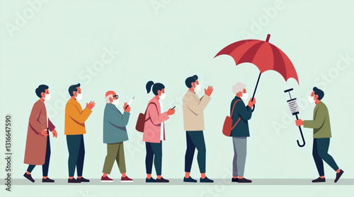 Elderly individuals waiting in line to receive a COVID-19 vaccine from an umbrella-shaped syringe, symbolizing protection and health.