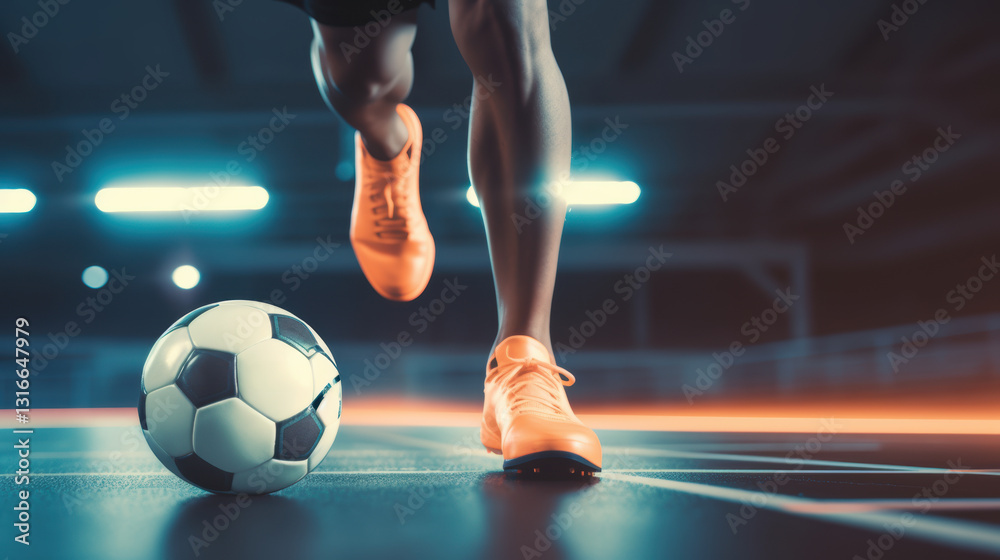 Fototapeta premium A soccer player is running towards a white soccer ball
