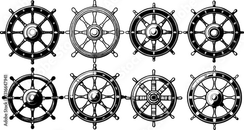 Set of ship steering wheel silhouette 