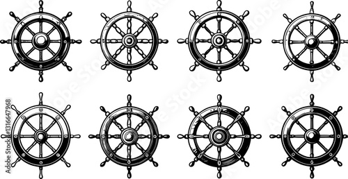 Set of ship steering wheel silhouette 