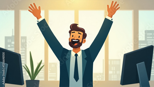 Excited businessman celebrating success with arms raised in victory at the office