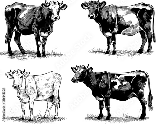 alpine cow vector hand drawn engraving style illustration