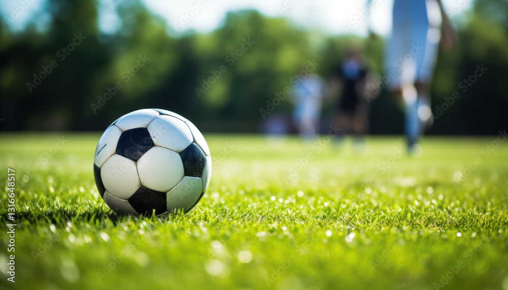 Fototapeta premium A soccer ball is sitting on a green field