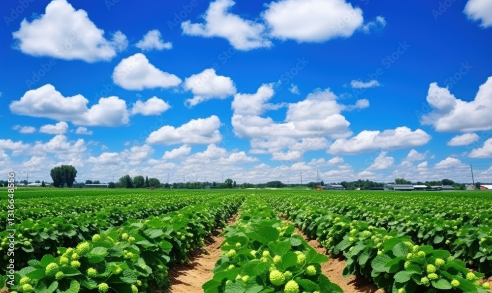 A field of green plants with a blue sky in the background