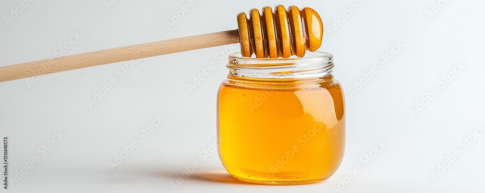 Golden honey gleams invitingly within a clear glass jar, its viscous nature promising sweetness and natural goodness A wooden honey dipper rests delicately atop, its grooved head laden with the Golden honey gleams invitingly within a clear glass jar, its viscous nature promising sweetness and natural goodness A wooden honey dipper rests delicately atop, its grooved head laden with the