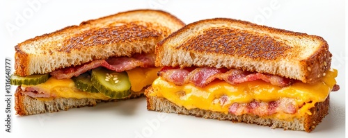Golden-brown perfection Two grilled cheese sandwiches boast crispy bacon, tangy pickles, and melted cheddar Each sandwich showcases toasted bread, oozing cheese, and enticing bacon strips Dill pickle