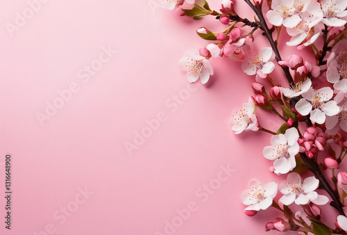 Cherry blossoms bloom against a soft pink background, reflecting the serene beauty of spring. With copy space, it’s perfect for cards, Mother’s Day, and weddings.