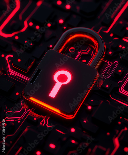 Cybersecurity lock on circuit board, Futuristic security illustration. Red neon padlock with tech background, data protection concept