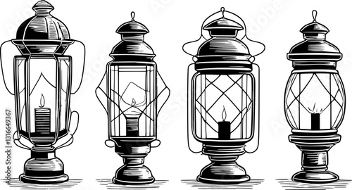 Black ramadan lanterns. Fanous line lantern, arabic lamps silhouettes vintage egyptian moroccan dubai eastern lamp for islamic mosque or arabian lighting, neat vector illustration