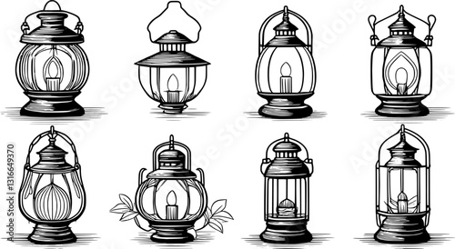 Black ramadan lanterns. Fanous line lantern, arabic lamps silhouettes vintage egyptian moroccan dubai eastern lamp for islamic mosque or arabian lighting, neat vector illustration