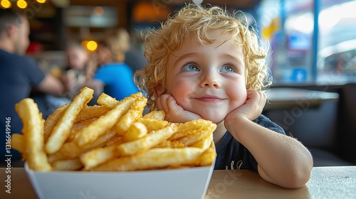 In this charming scene, a cherubic toddler with a cascade of golden, curly hair is captivated by the allure of a mountain of golden French fries, arranged invitingly before him His wide, innocent