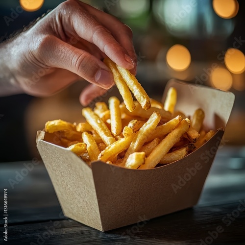 In this enticing image, a hand reaches for golden French fries nestled within a rustic, brown container The warm hues and inviting composition draw the viewer in, creating a sense of anticipation and
