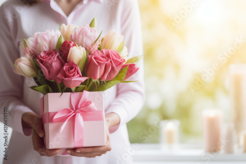 A woman is holding a pink box with flowers in it