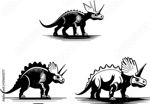 Prehistoric dinosaur, triceratops silhouette, black and white graphic, stylized illustration, side view, detailed crest, sharp horns, strong posture, minimalist design, contrasting shapes,bold outline