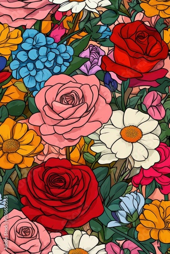 Seamless pattern of roses and wildflowers, blending soft and vibrant colors harmoniously
