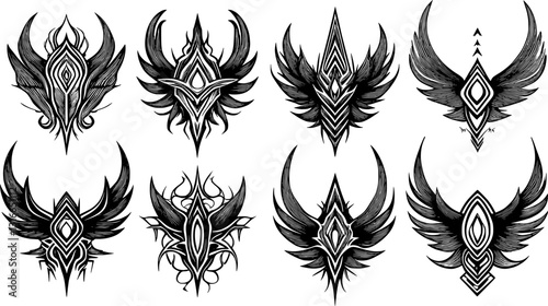 set of neo tribal sigilisms with a sharp, stiff touch. Symmetrical shape Cyber ​​Gothic Element vector design pattern in abstract black color
