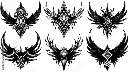 set of neo tribal sigilisms with a sharp, stiff touch. Symmetrical shape Cyber ​​Gothic Element vector design pattern in abstract black color