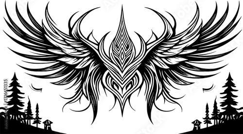 neo tribal sigilisms with a sharp, stiff touch. Symmetrical shape Cyber ​​Gothic Element vector design pattern in abstract black color