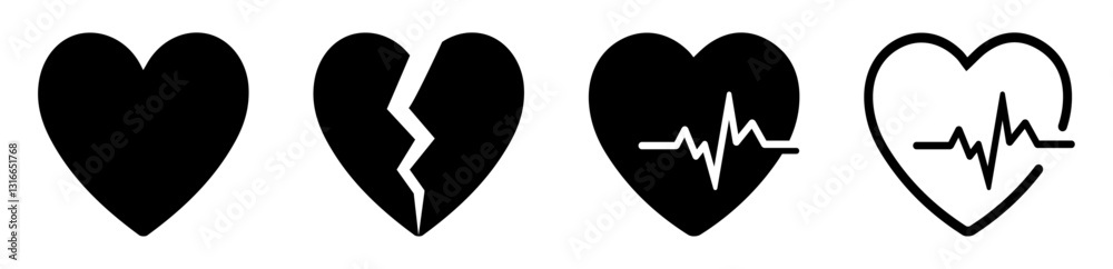 Set of heart icons outline, filled, broken, and heartbeat styles. Perfect for love, health, medical, dating, heartbreak, and cardiology themes in web, app, and graphic design. Icons, vector. Set of heart icons outline, filled, broken, and heartbeat styles. Perfect for love, health, medical, dating, heartbreak, and cardiology themes in web, app, and graphic design. Icons, vector.