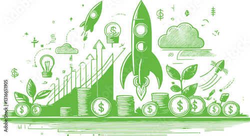 Hand-drawn business doodles in green, featuring money, growth, target, and income symbols. Perfect for finance, investment, and strategy concepts