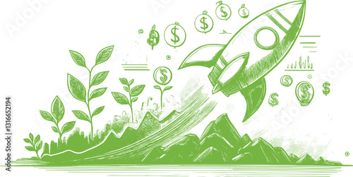 Hand-drawn business doodles in green, featuring money, growth, target, and income symbols. Perfect for finance, investment, and strategy concepts