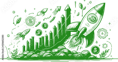 Hand-drawn business doodles in green, featuring money, growth, target, and income symbols. Perfect for finance, investment, and strategy concepts