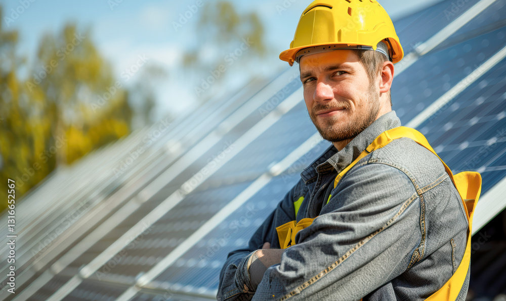 A man in a yellow helmet and safety vest stands in front of a solar panel array A man in a yellow helmet and safety vest stands in front of a solar panel array