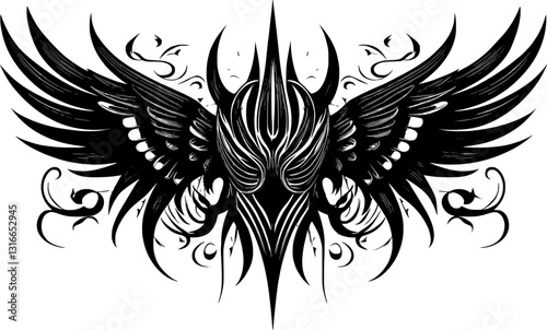  neo tribal sigilisms with a sharp, stiff touch. Symmetrical shape Cyber ​​Gothic Element vector design pattern in abstract black color