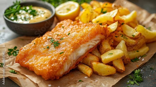 Indulge in the classic comfort of golden-fried fish and chips, a culinary masterpiece featuring crispy, battered fish paired with perfectly fried chips A side of tangy tartar sauce complements the