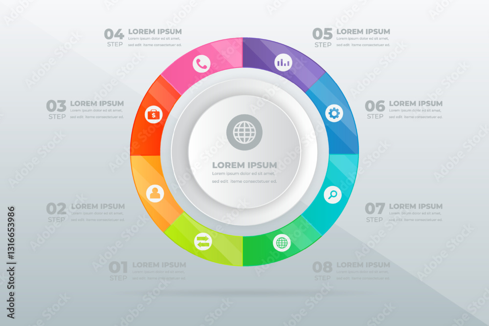 Fototapeta premium Eight-step process infographic; circular design; grey background; business planning