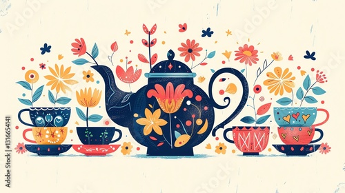 A whimsical illustration of a teapot and cups surrounded by flowers with a teal background.