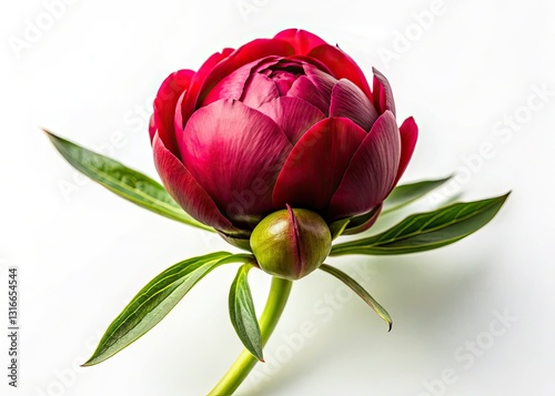 A close-up silhouette of a red peony bud, dramatically set against a stark white background.