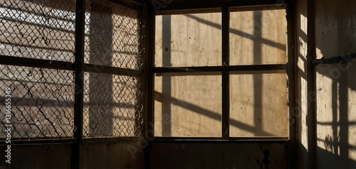 Strong contrasts of sunlight casting shadows through barred prison window on a cold floor