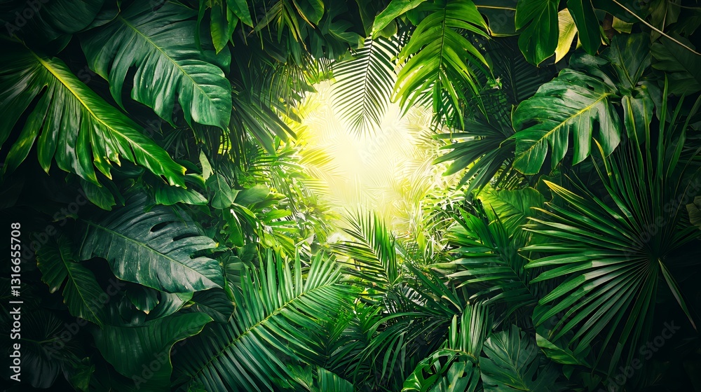 Fototapeta premium Lush Green Tropical Leaves with Sunlight Background