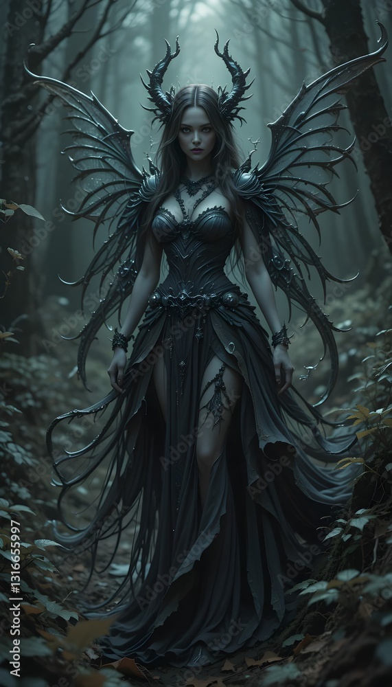 The image is a digital illustration of a woman standing in a dark and eerie forest. She is wearing a long, flowing black dress with intricate patterns and designs on the bodice and skirt. The dress ha The image is a digital illustration of a woman standing in a dark and eerie forest. She is wearing a long, flowing black dress with intricate patterns and designs on the bodice and skirt. The dress ha